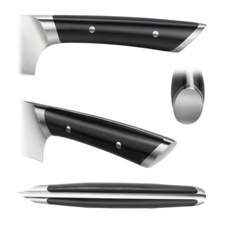 
                    
                      Black knife handle with metal rivets and stainless steel bolster, shown from side, angled, top, and end views.
                    
                  