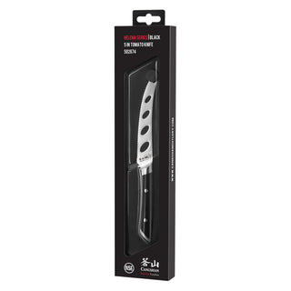 
                    
                      HELENA Series 5-inch serrated tomato knife with black handle in black retail packaging.
                    
                  