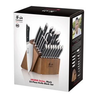 
                    
                      23-piece knife block set with black-handled knives and acacia wood block, including chef, paring, and utility knives.
                    
                  