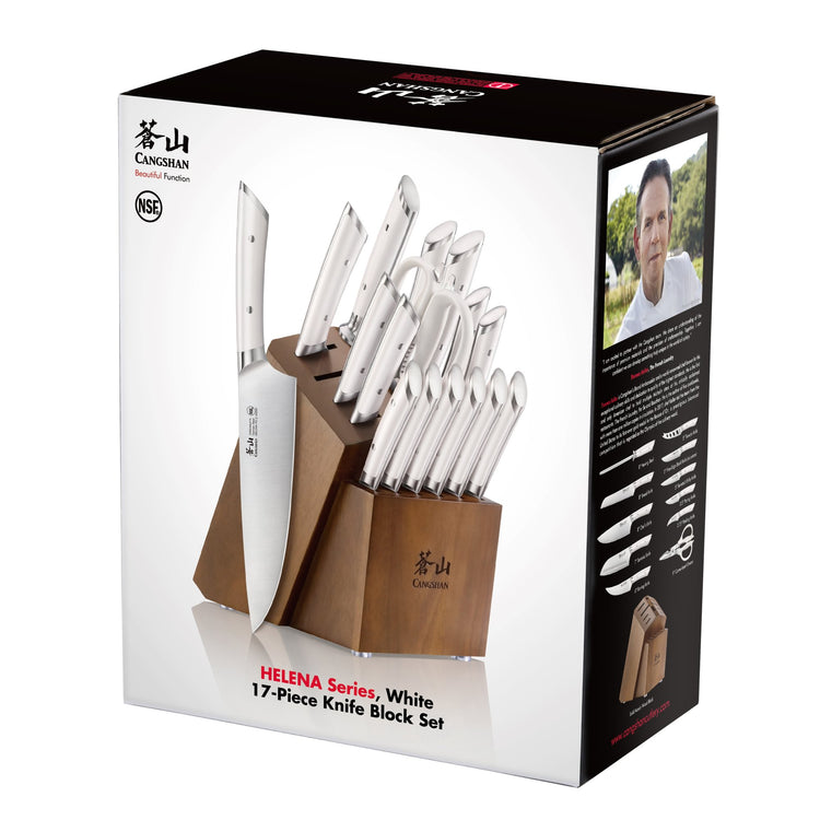 17-piece knife block set with white handles in a wooden block, including various knives and kitchen shears.