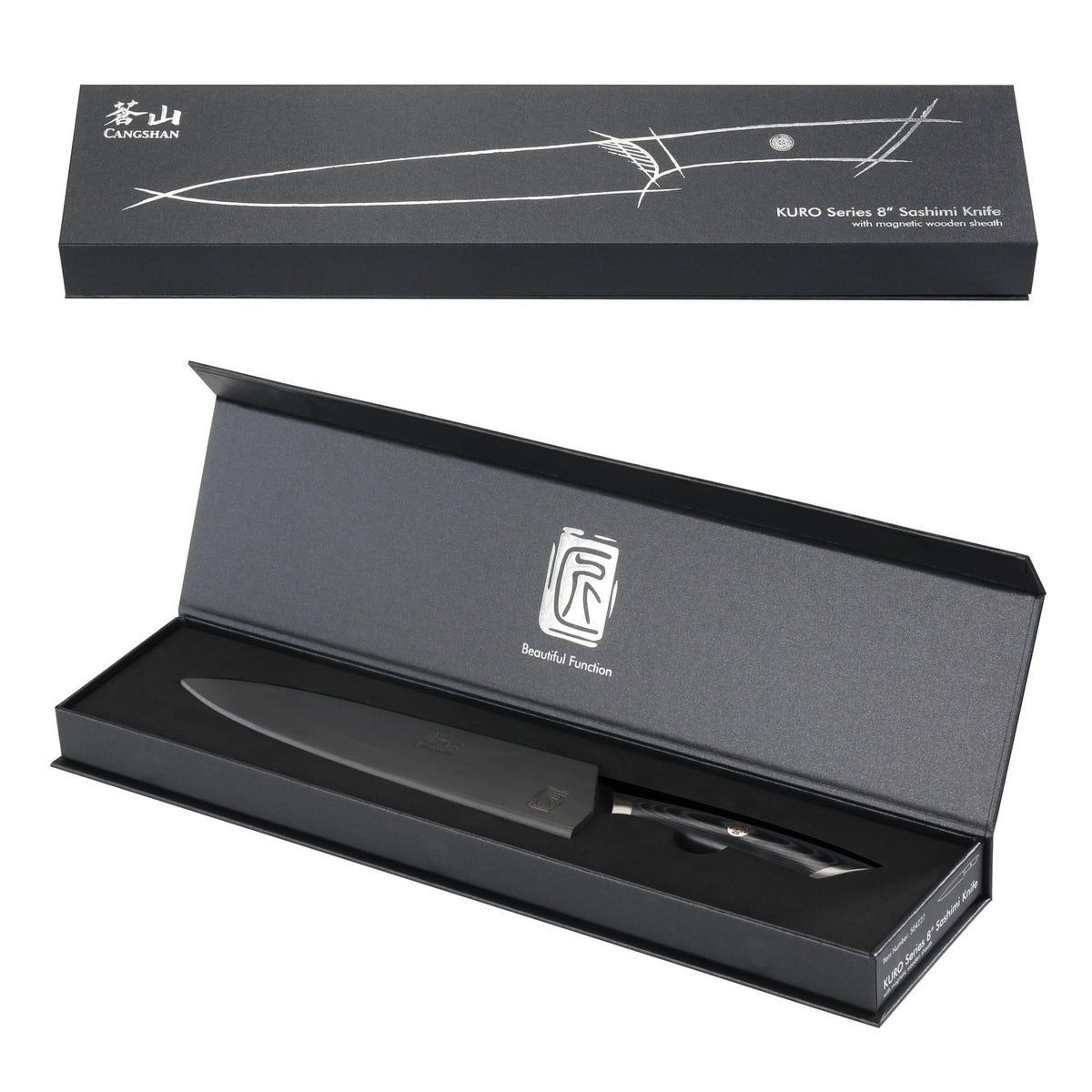 8-inch carving and sashimi knife with dark blade and handle, displayed in an open black presentation box.
