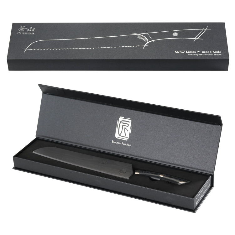 9-inch serrated bread knife with black handle in a black presentation box with sheath.