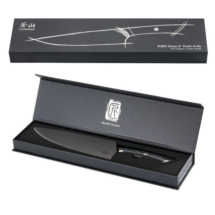 8-inch chef's knife with black blade and handle, displayed in an open black presentation box with sheath.