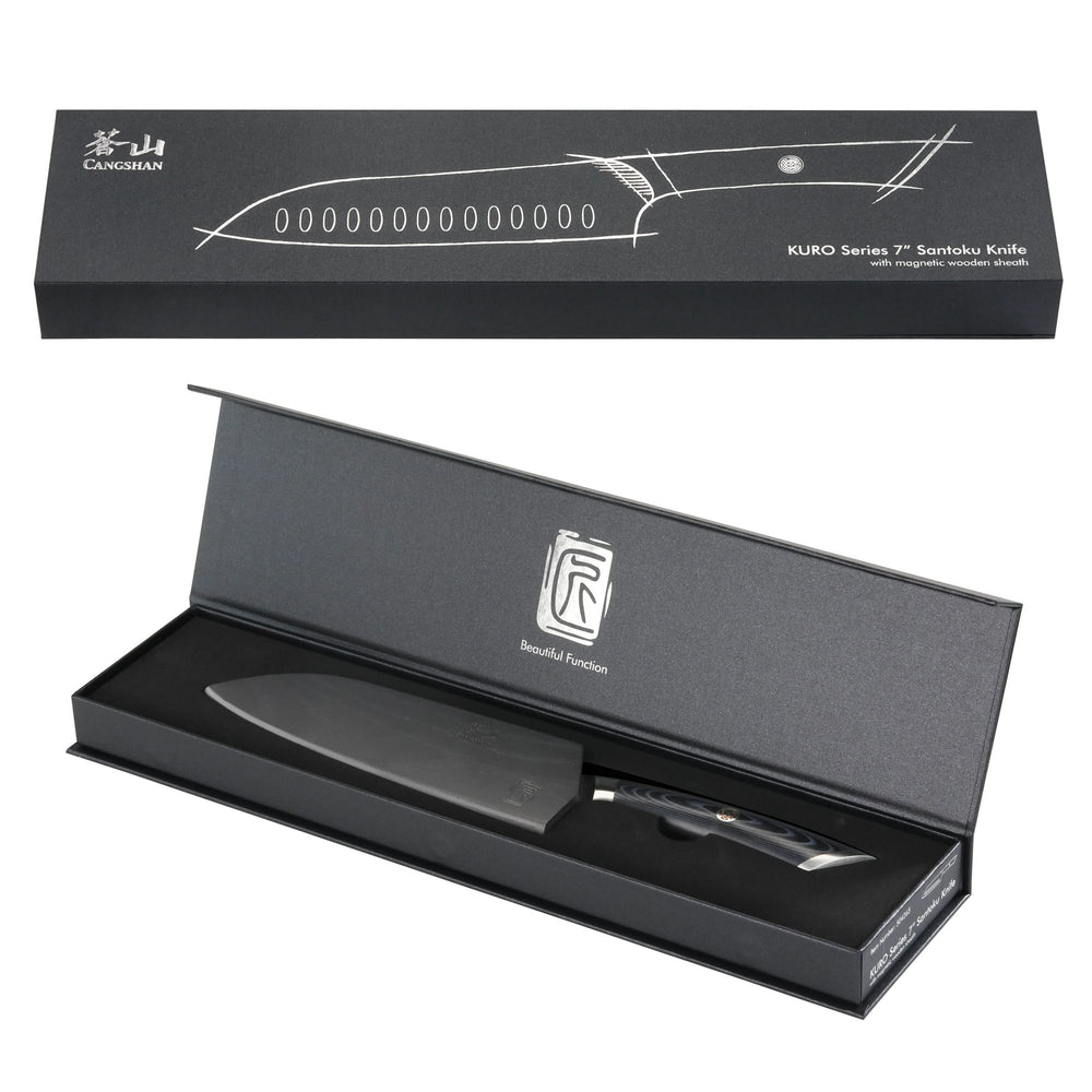
                  
                    Load image into Gallery viewer, KURO Series 7-inch Santoku Knife with Sheath, High Carbon X-7 Damascus Steel, 504265
                  
                
