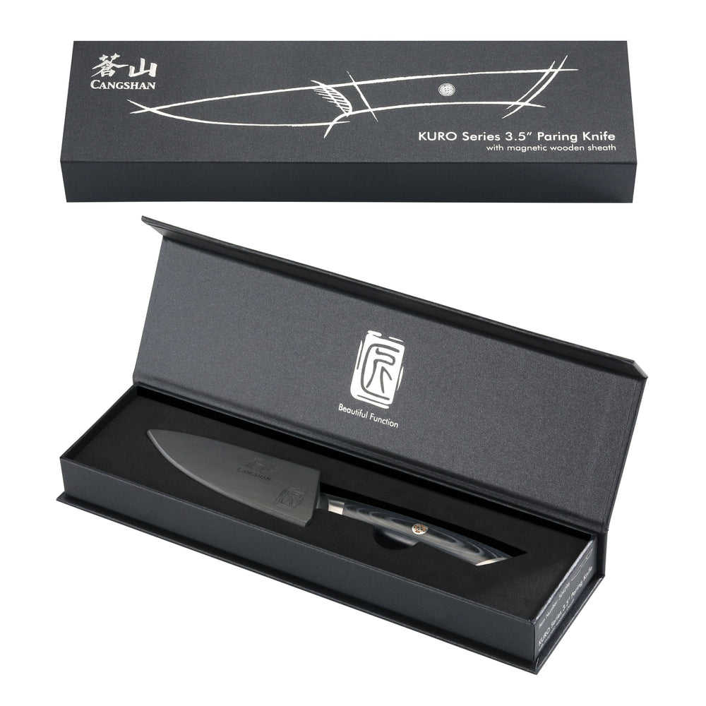 
                  
                    Load image into Gallery viewer, KURO Series 3.5-inch Paring Knife with Sheath, High-Carbon X-7 Damascus Steel, 504296
                  
                