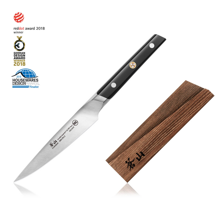 Japanese-style paring knife with black handle and wooden sheath featuring Japanese characters.