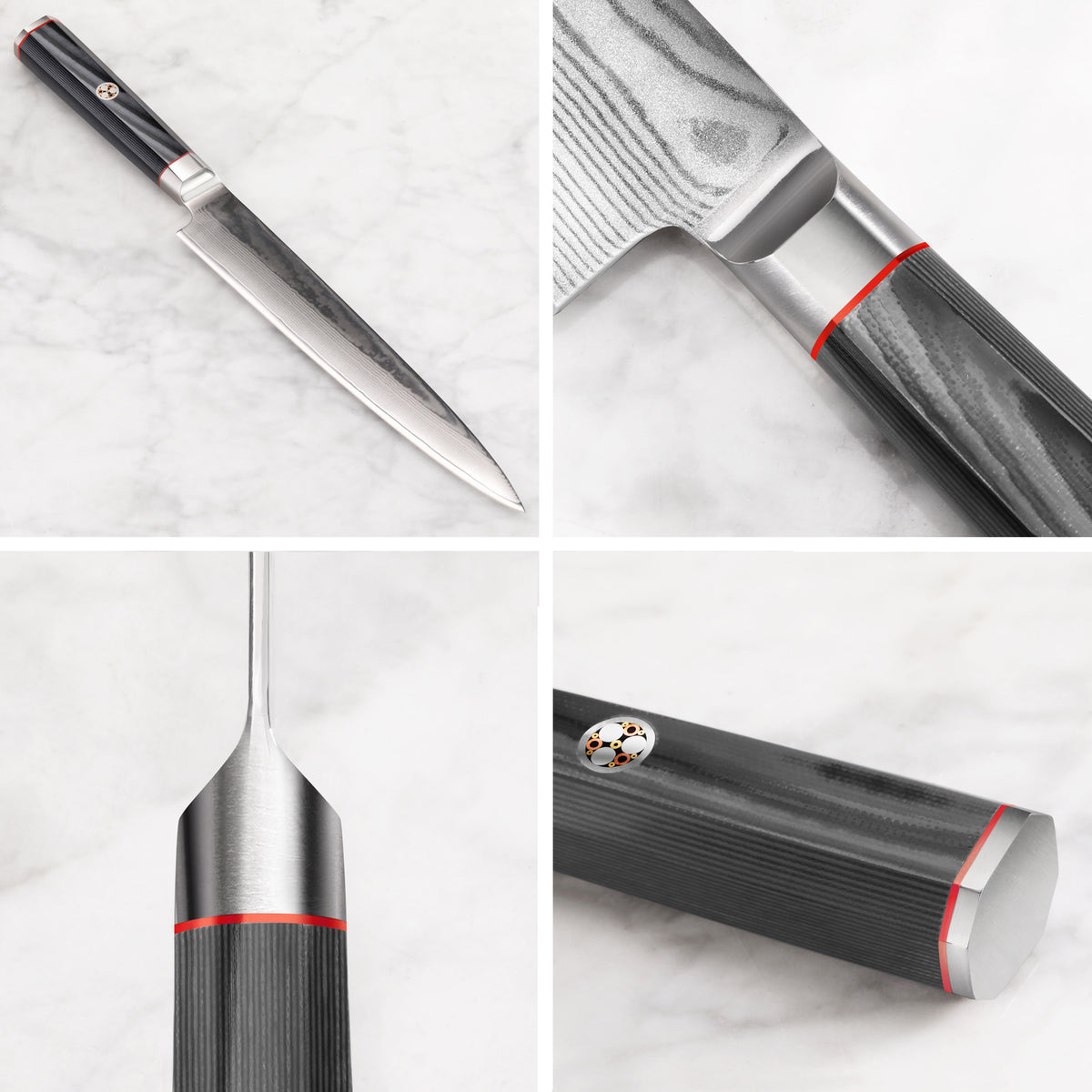YARI Series 8-inch sashimi knife with Damascus steel blade and black textured handle shown from multiple close-up angles.