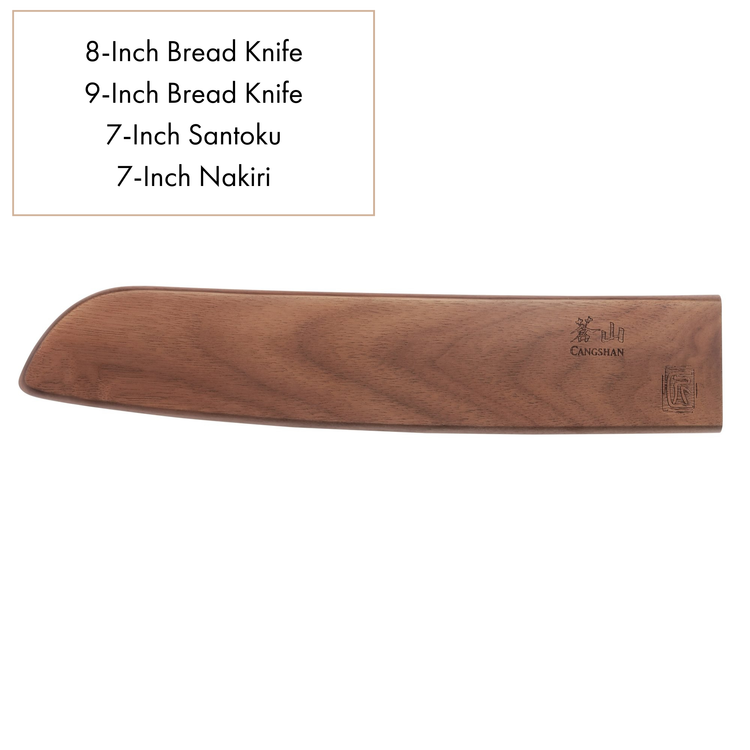 Walnut magnetic knife sheath with saya style blade protection, engraved with brand logos.