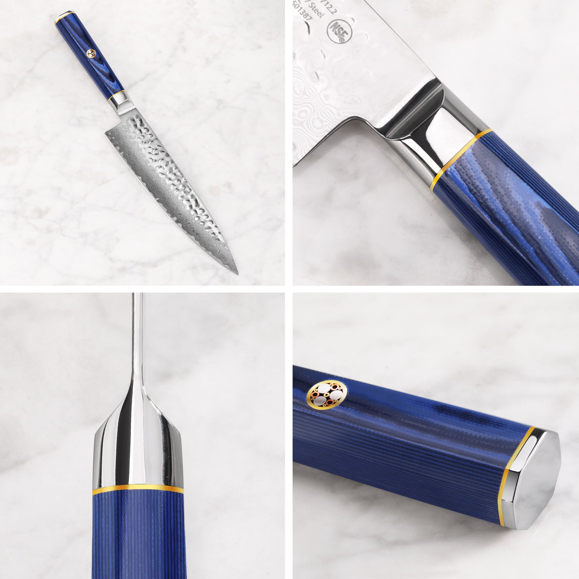 10-inch sashimi knife with hammered Damascus steel blade and blue textured handle with metal accents.