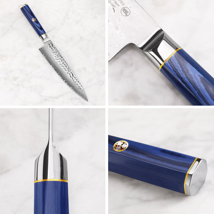 6-inch chef's knife with hammered blade texture, blue handle with gold accent, and polished metal bolster and end cap.