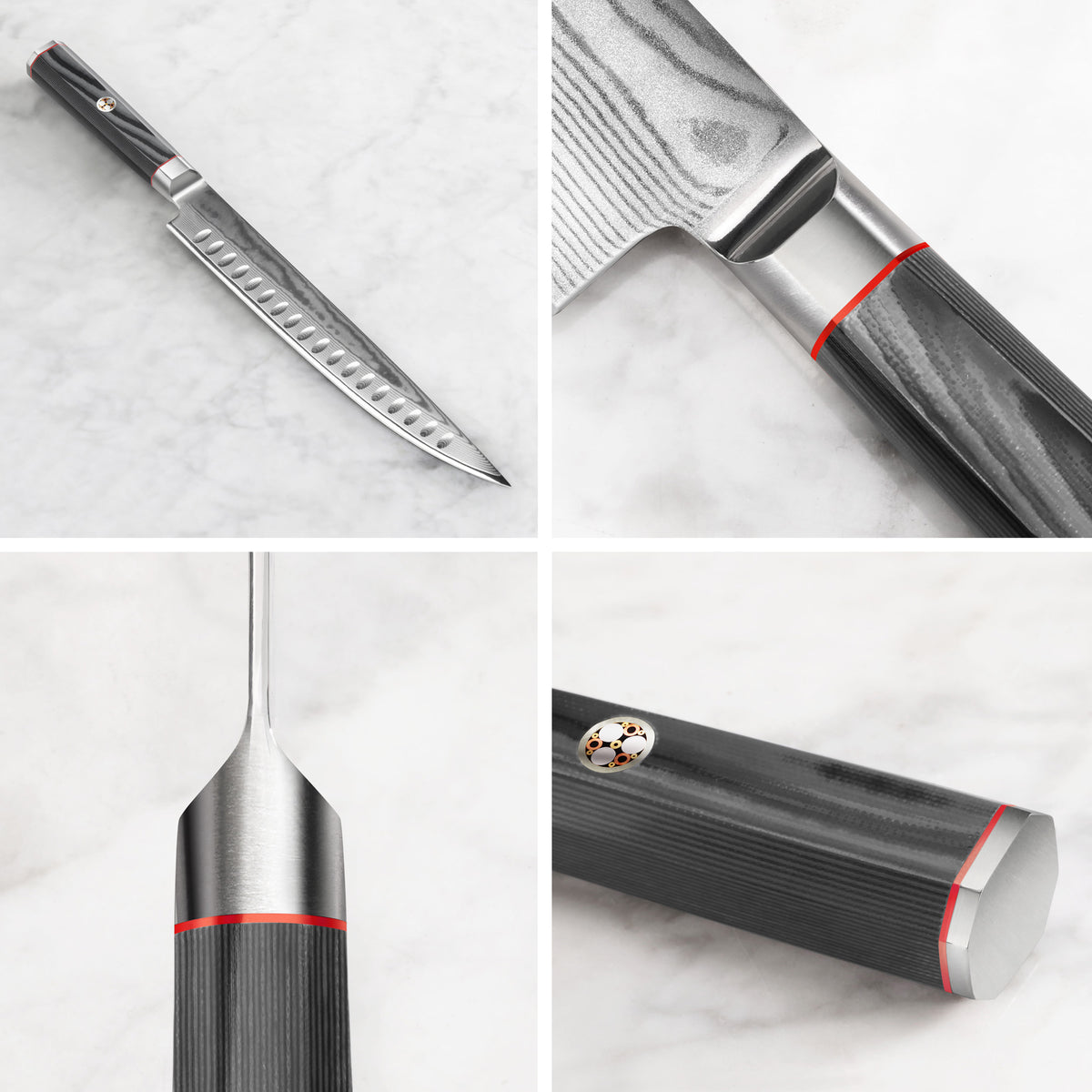 Carving knife with a patterned Damascus steel blade and dark wood handle with metal accents shown from multiple angles.