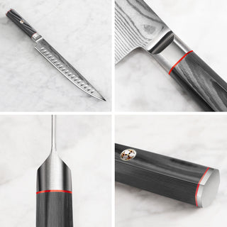 
                    
                      Carving knife with a patterned Damascus steel blade and dark wood handle with metal accents shown from multiple angles.
                    
                  