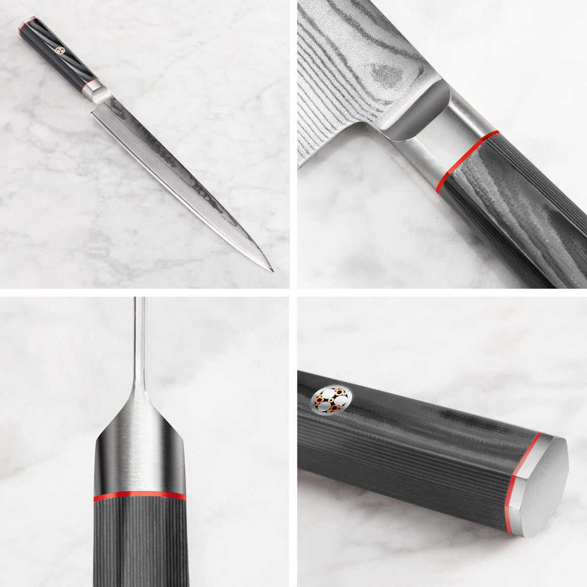 YARI Series 10-inch sashimi knife with dark wood handle, polished blade, and metal bolster shown from multiple close-up angle