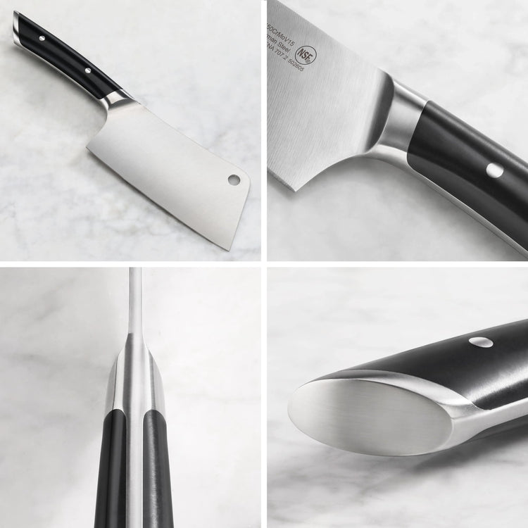 Forged German steel meat cleaver with black handle, showing full blade, handle close-ups, and tang construction.