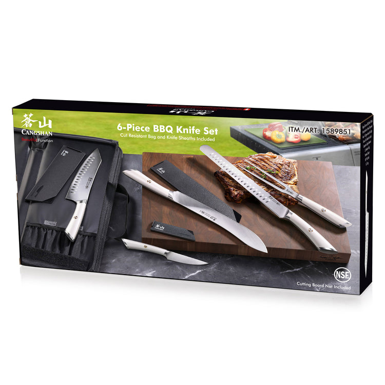 Six-piece BBQ knife set with black knife bag, featuring various blade types displayed on a cutting board with grilled meat.