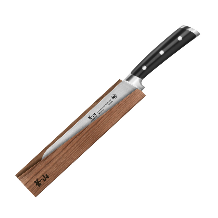 8-inch bread knife with black handle resting in a wooden sheath, forged Swedish steel blade visible.