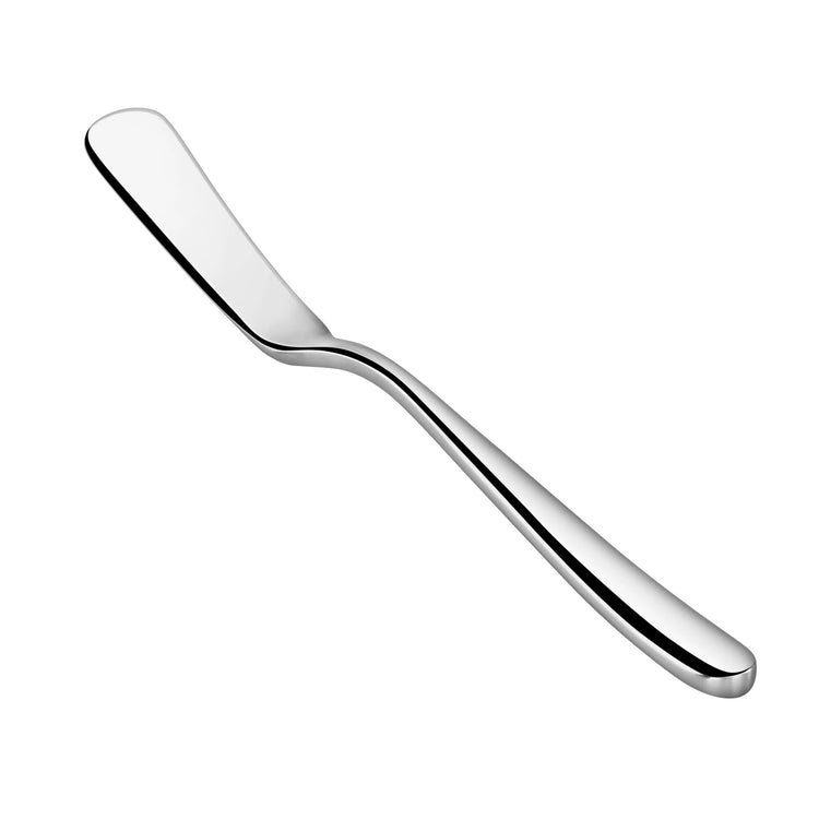Butter knife with a curved handle and mirror finish, made of forged stainless steel.