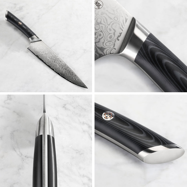 High carbon Damascus steel chef knife with black ergonomic handle and stainless steel bolster and end cap.