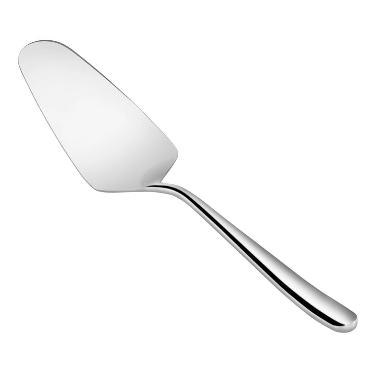 Polished stainless steel pie server with a flat, triangular blade and a curved handle.