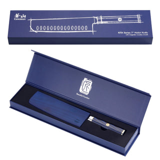 
                    
                      KITA Series Nakiri Knife X-7 Damascus Steel in a blue presentation box.
                    
                  
