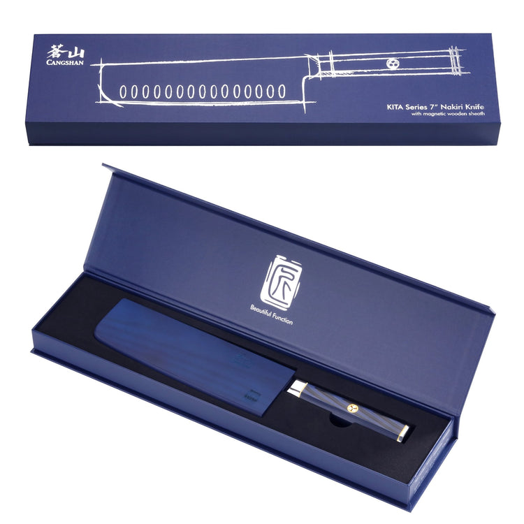 KITA Series Nakiri Knife X-7 Damascus Steel in a blue presentation box.
