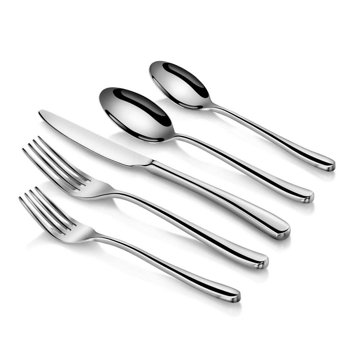 Five pieces of polished stainless steel flatware including two forks, one knife, and two spoons arranged on a white backgroun
