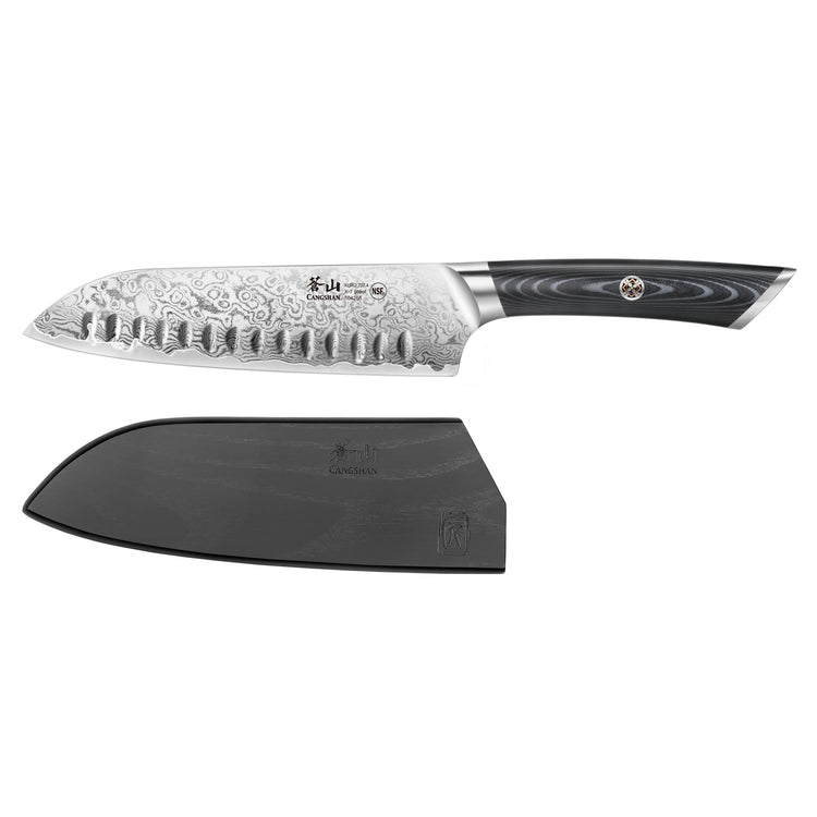 7-inch Santoku knife with patterned Damascus steel blade and black handle, shown with black protective sheath.