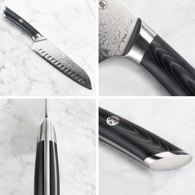 7-inch Santoku knife with black handle, Damascus steel blade, and detailed close-ups of blade, handle, and spine.