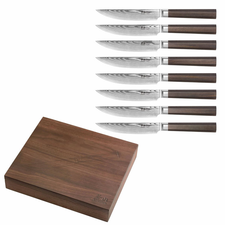MAYA Series 8-Piece Steak Knife Set with X-7 Damascus steel blades, African blackwood handles, and a walnut box.
