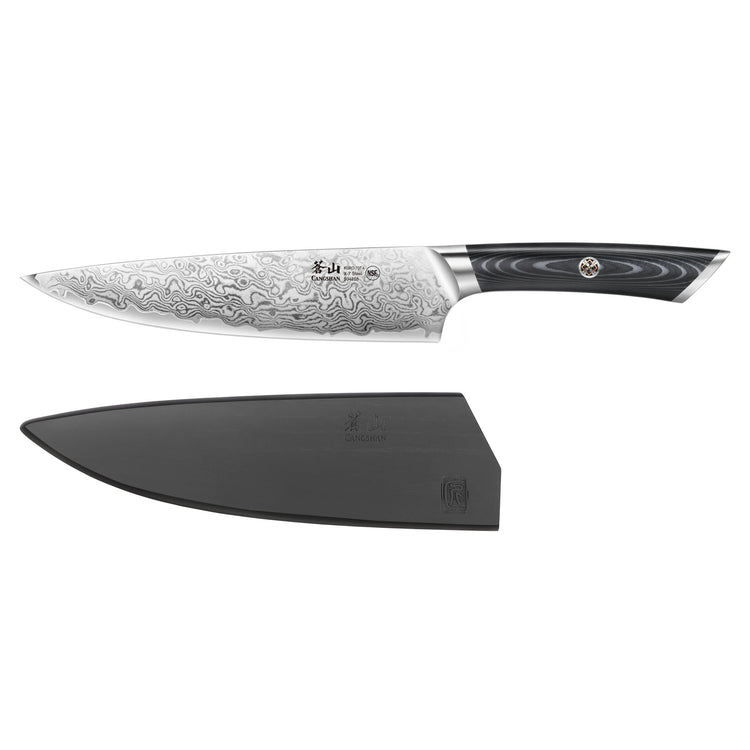 8-inch chef's knife with patterned Damascus steel blade and black handle, shown with a black protective sheath.