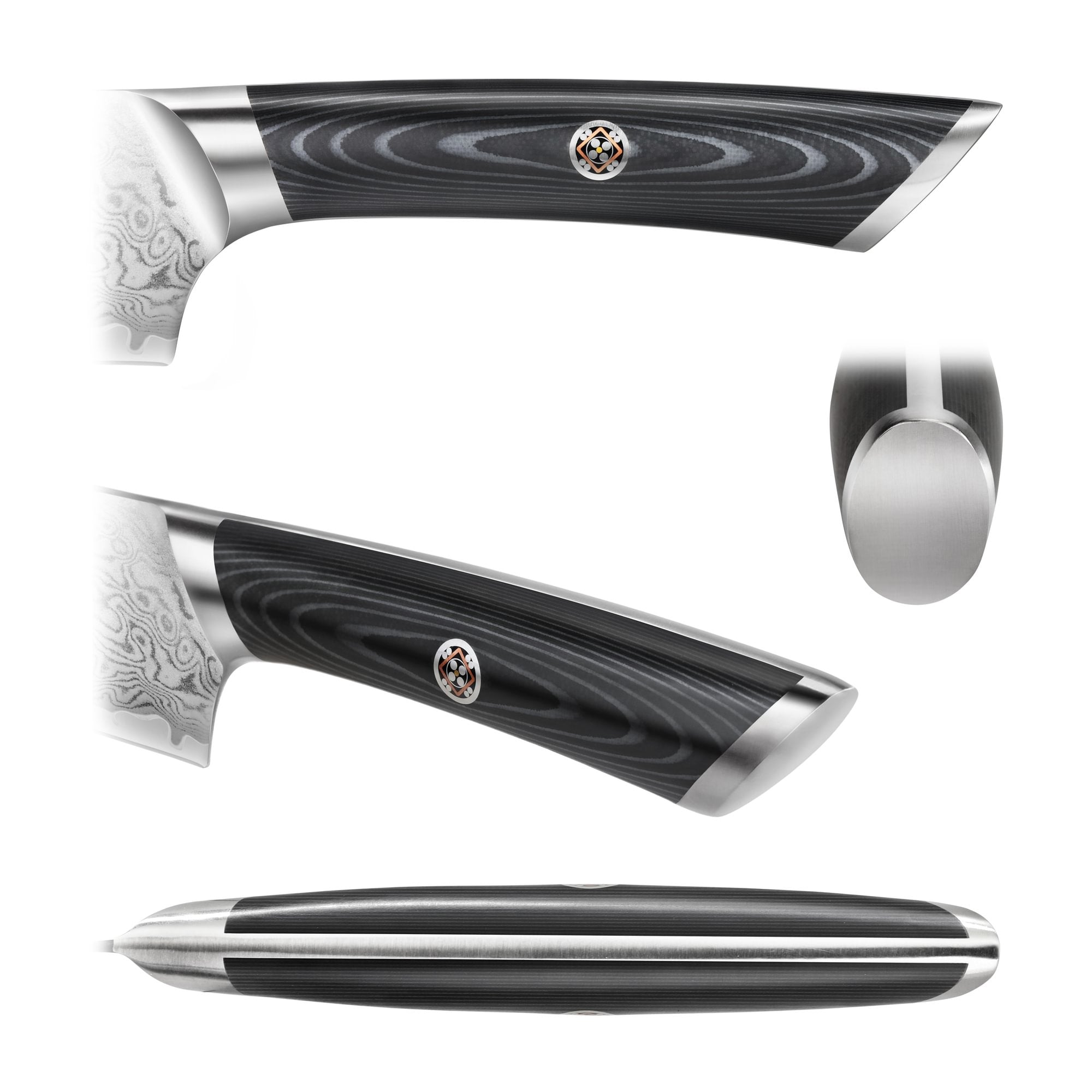 Close-up views of a black and silver knife handle with a decorative emblem and textured pattern.