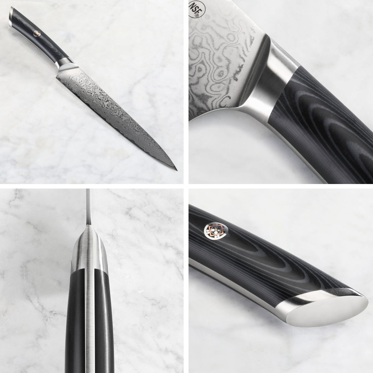 8-inch carving and sashimi knife with patterned Damascus steel blade and black ergonomic handle shown from multiple angles.