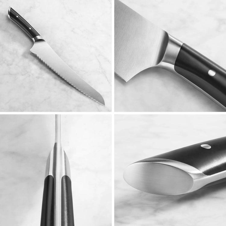 Black-handled serrated deli knife with stainless steel blade and riveted handle shown from multiple angles on a marble surfac