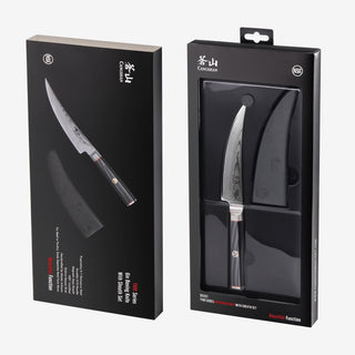 
                    
                      YARI Series 6-inch boning knife with black handle and sheath displayed in black retail packaging.
                    
                  