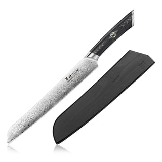 
                    
                      9-inch bread knife with patterned Damascus steel blade and black handle, shown with matching black sheath.
                    
                  