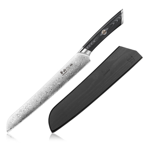 9-inch bread knife with patterned Damascus steel blade and black handle, shown with matching black sheath.