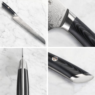 
                    
                      9-inch serrated bread knife with patterned Damascus steel blade and black ergonomic handle shown from multiple angles.
                    
                  