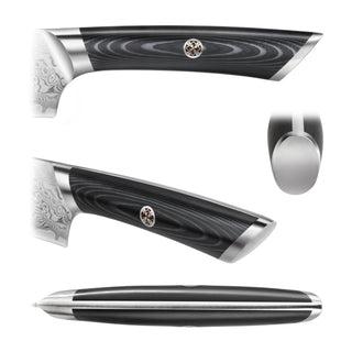 
                    
                      Close-up views of a knife handle showing black layered pattern, metal bolster, and decorative emblem.
                    
                  