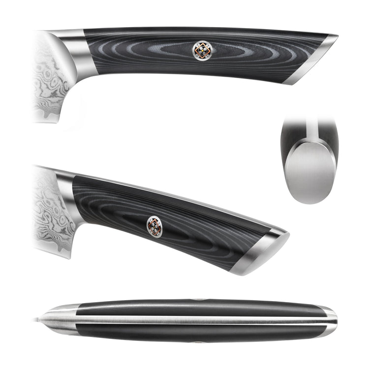 Close-up views of a knife handle showing black layered pattern, metal bolster, and decorative emblem.
