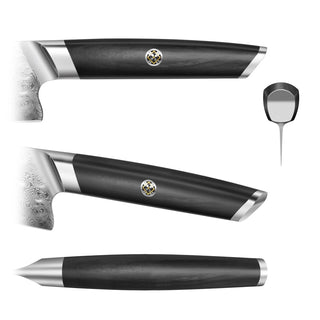 
                    
                      Side, top, and cross-section views of a black knife handle with silver bolster, end cap, and decorative pin.
                    
                  