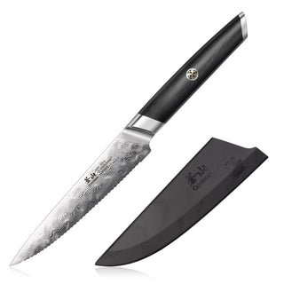 
                    
                      AIRA Series 5-Inch Serrated Utility Knife with patterned steel blade, black handle, and matching sheath.
                    
                  