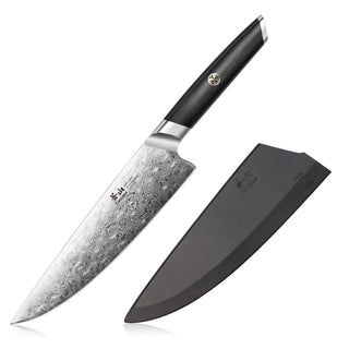 
                    
                      AIRA Series 8-Inch Chef’s Knife with Damax steel blade, black handle, and matching sheath.
                    
                  