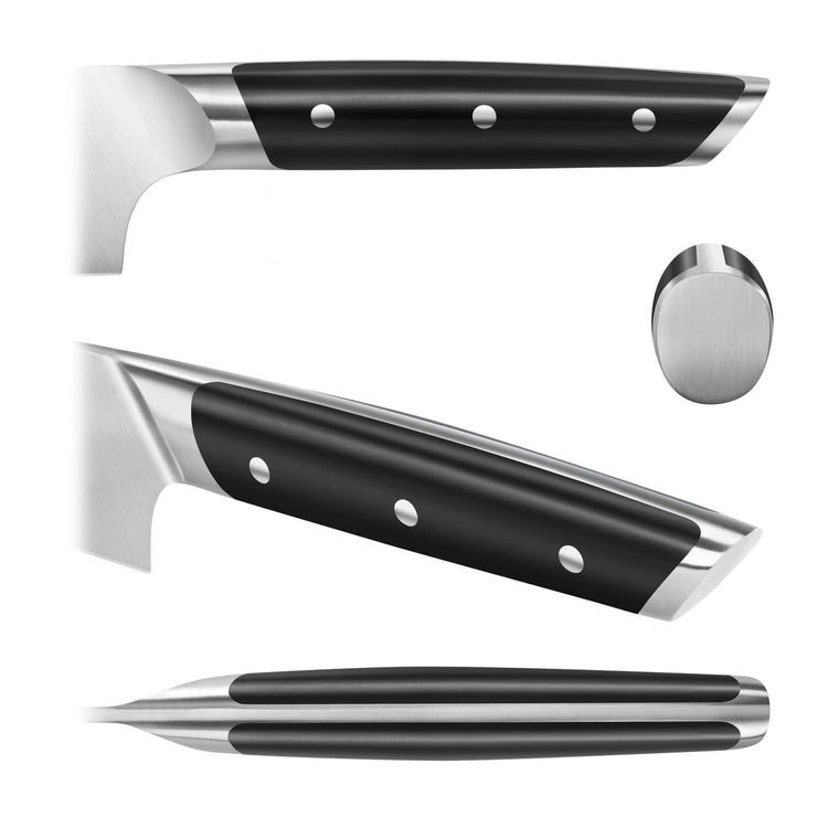 Handle of a serrated utility knife shown from side, angled, and top views, featuring black grip with three rivets.