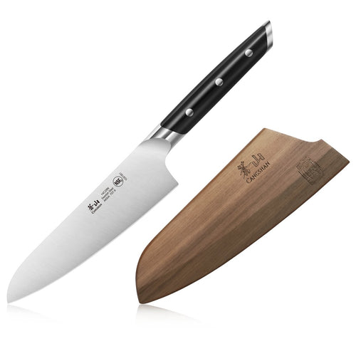 5.5-inch utility knife with black handle and three rivets, accompanied by a wooden sheath with branding.