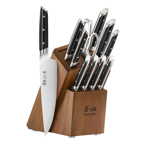 12-piece knife set with black handles in a wooden block, including chef, utility, paring knives, and kitchen shears.