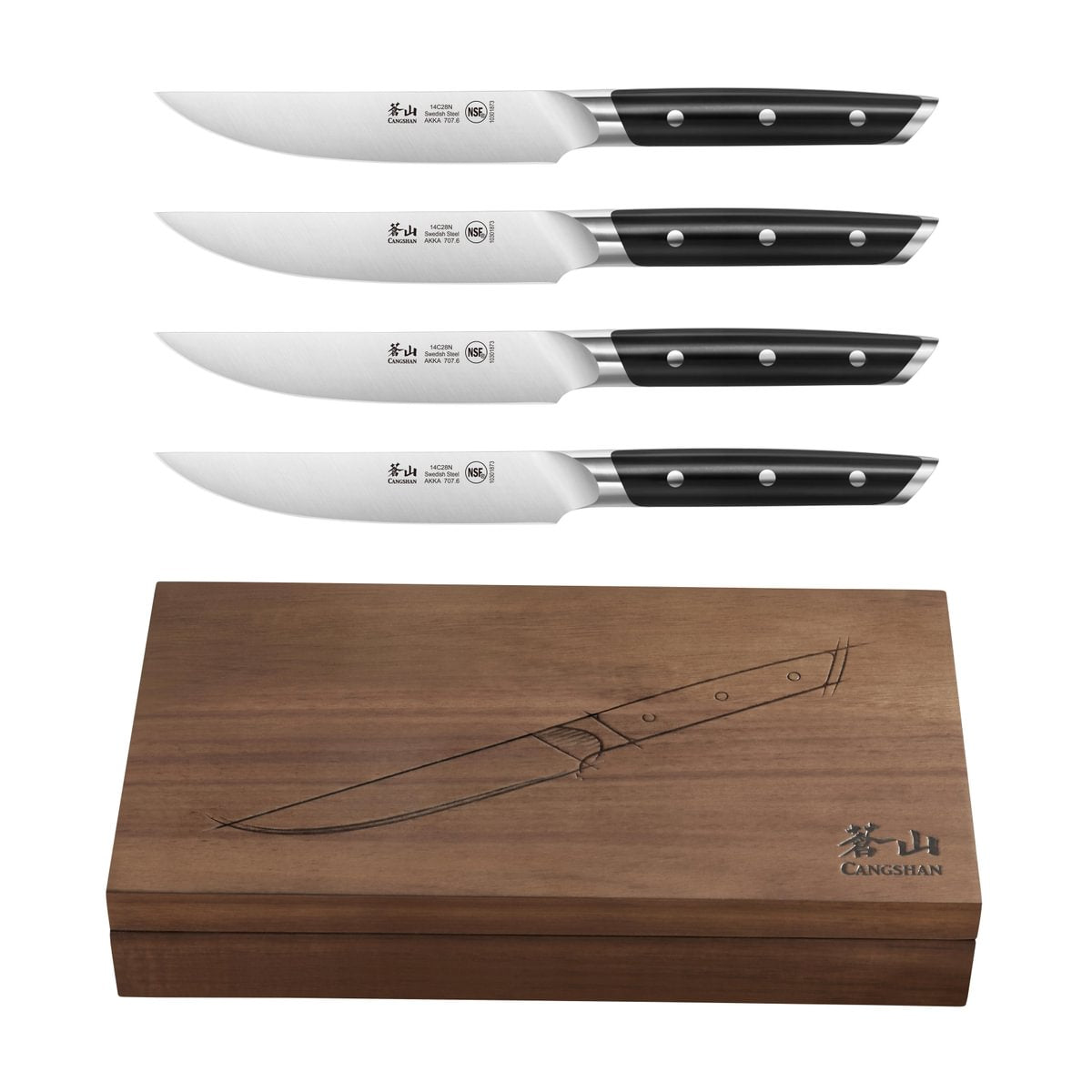 Four steak knives with black handles and three rivets each, displayed above a wooden storage box with a knife illustration.