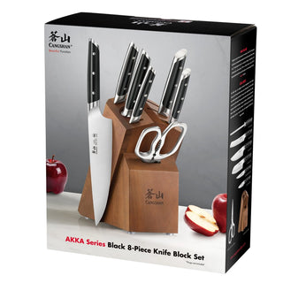 
                    
                      8-piece knife set with black handles in a wooden block, including scissors and a large chef's knife.
                    
                  