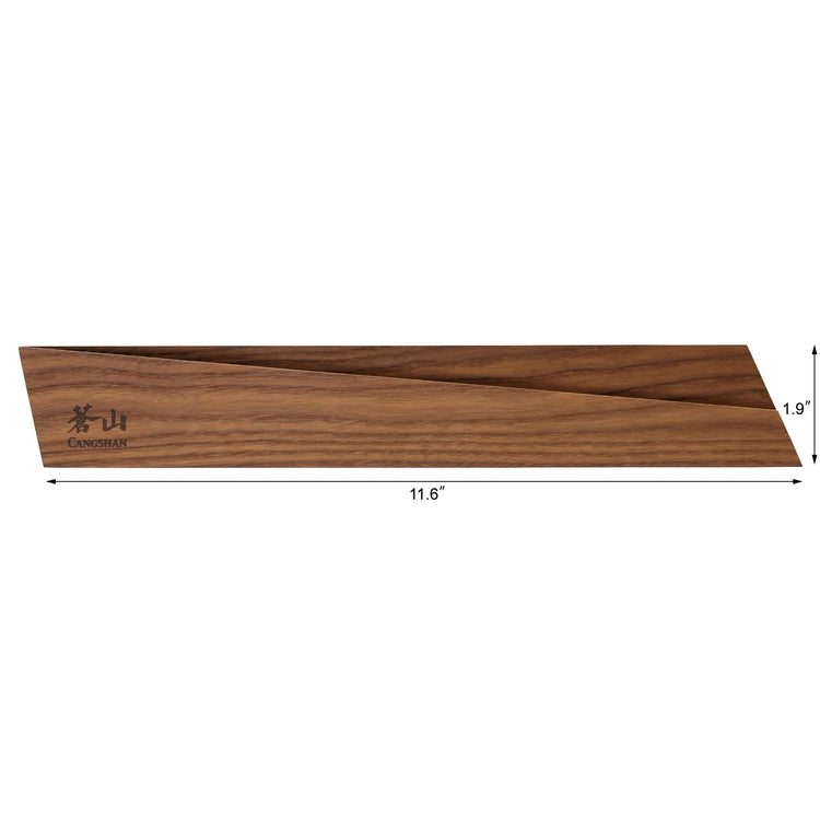 Ash wood magnetic knife sheath with engraved logo, measuring 11.6 inches long and 1.9 inches wide.