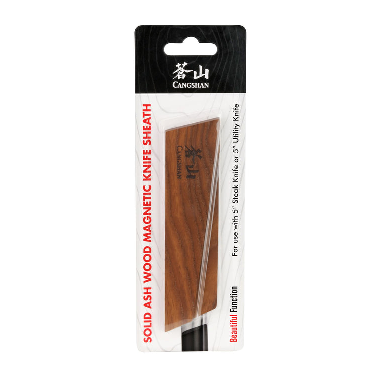 Solid ash wood magnetic knife sheath designed for 5-inch utility and steak knives in retail packaging.