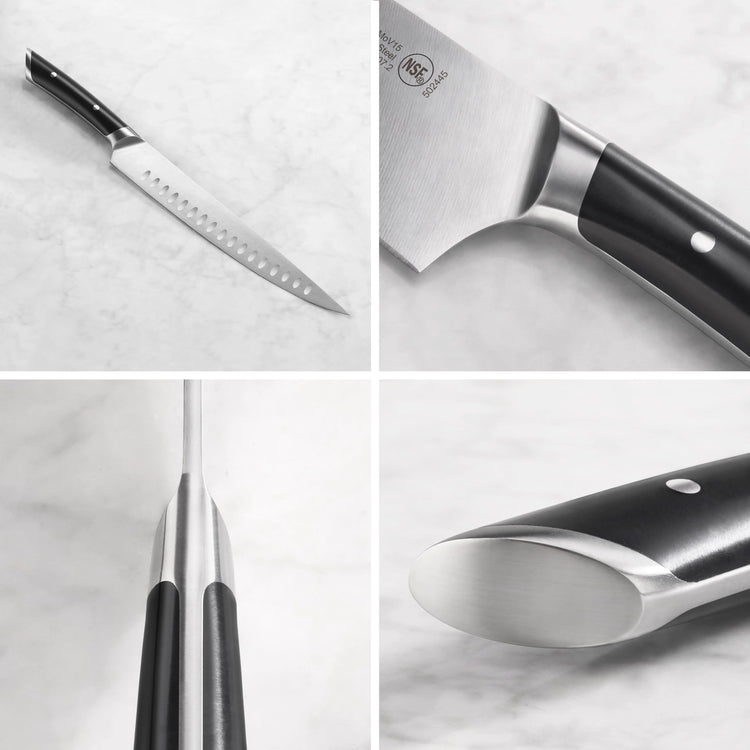 9-inch carving knife with black handle, forged German steel blade, and stainless steel bolster and end cap.